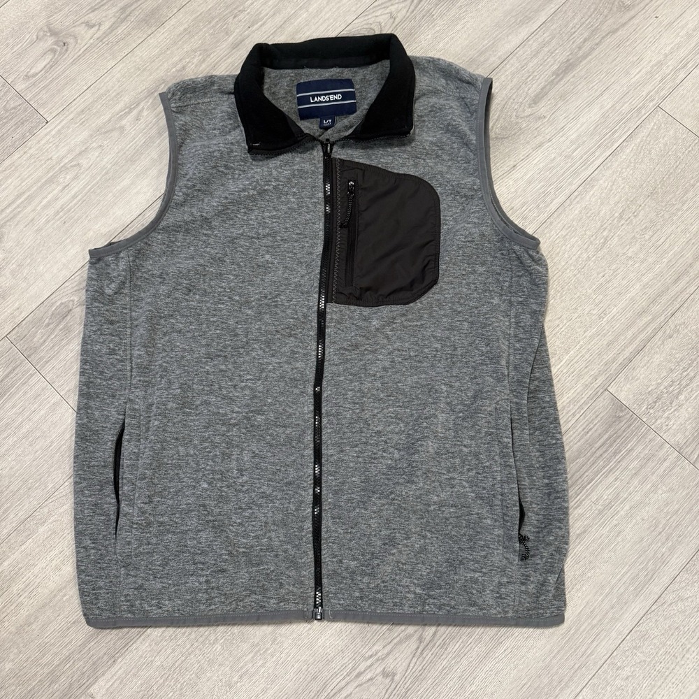 Lands End Mens Fleece Vest L-T 42-44 Heather Gray Full Zip 3 Pockets - Picture 1 of 9